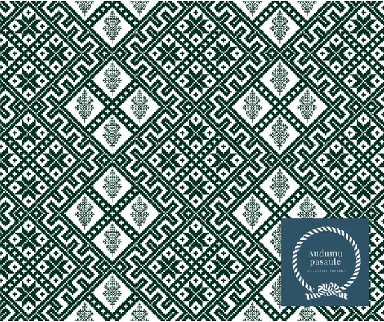 Latvju raksti. Saules, Dieva zīme &Austras koks. Zaļš uz balta. Cilpiņtrikotāža. Priekšpasūtījums